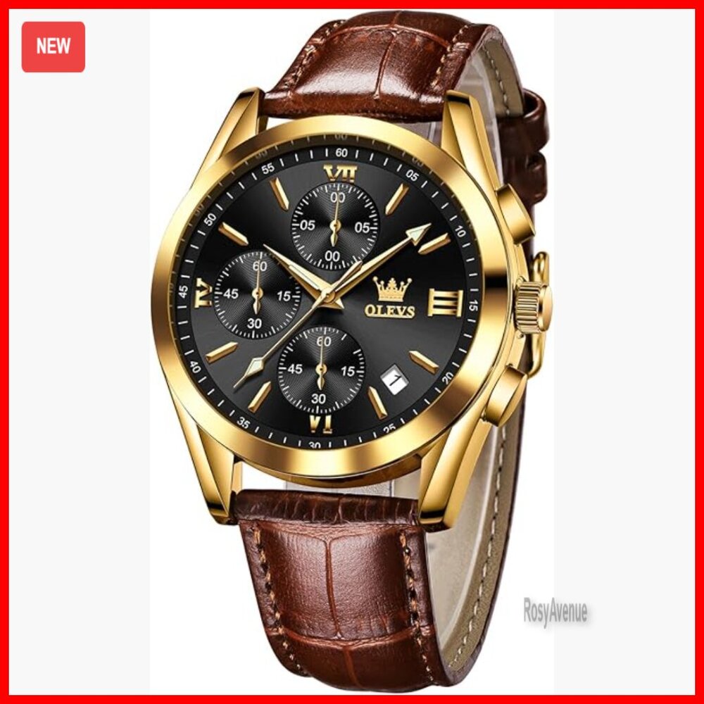 Men's Chronograph Leather Watch, Analog Quartz, Waterproof, Luminous Hands, Date